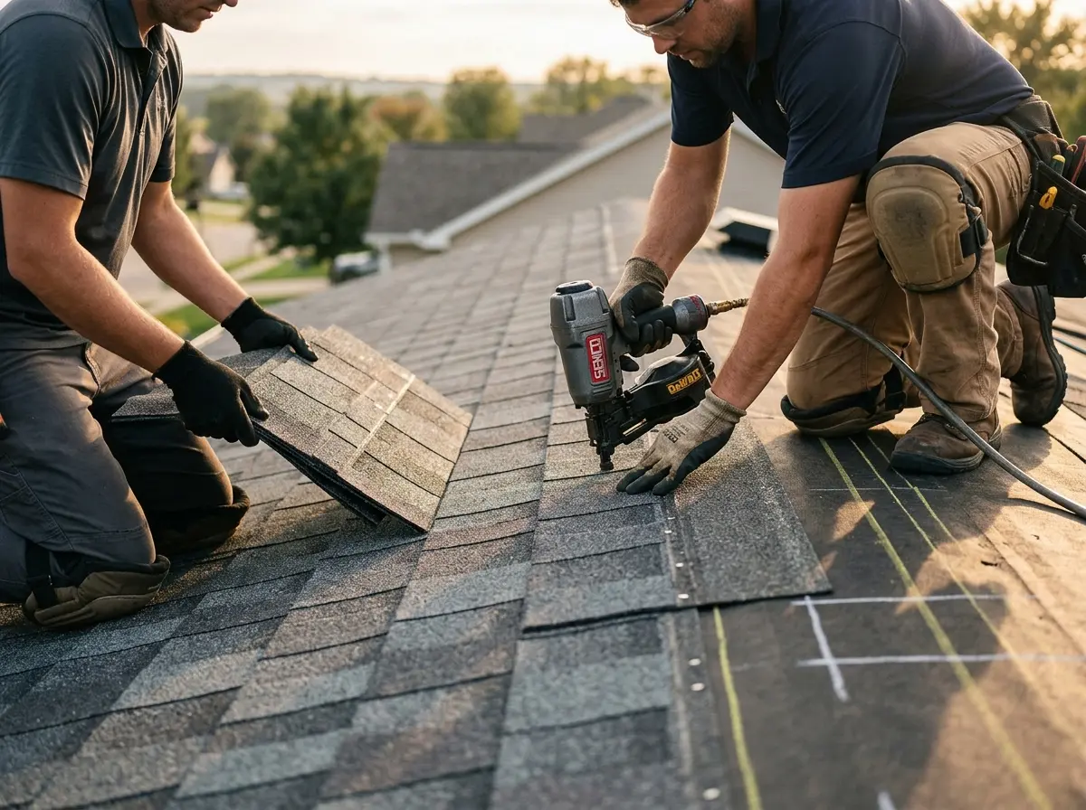 Professional roofer working on a residential roof in Macomb